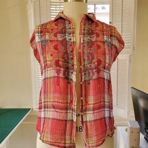 Johnny Was Plaid Embroidered Sleeveless Shirt